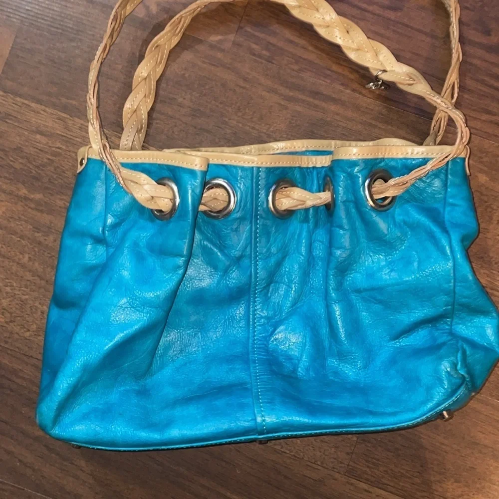 ROBERTA GANDOLFI Aqua Leather Shoulder Handbag Satchel Tote Braided Handles